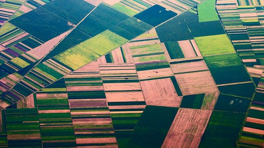 In der Luftbildaufnahme sieht man an den verschiedenfarbigen Rechtecken gut die Unterschiede der landwirtschaftlichen Nutzung. Mausklick führt zur vergrößerten Ansicht